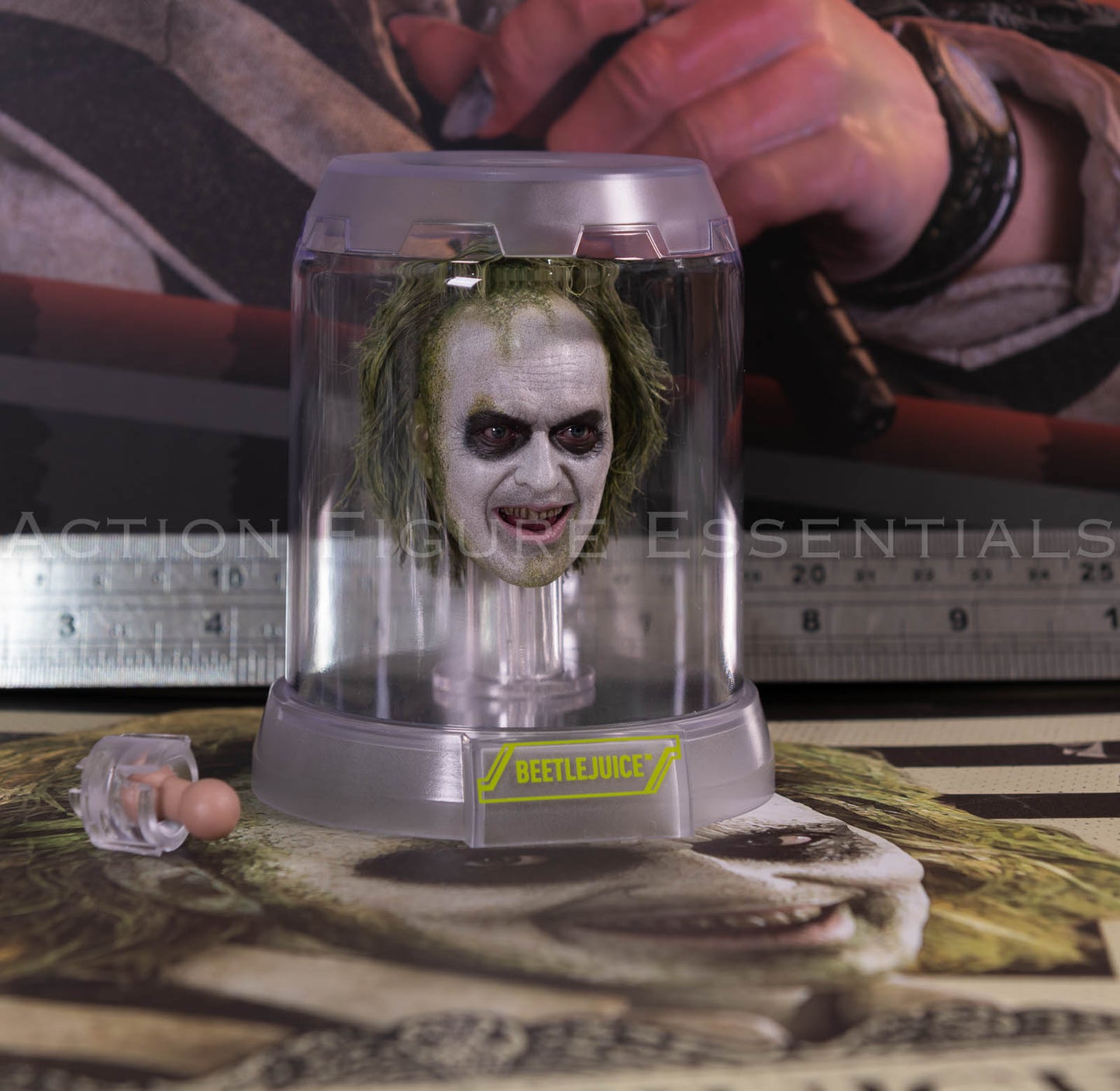 Hot Toys Beetlejuice MMS767 Rolling Eyeballs Head Sculpt with Display Case Neck Peg Genuine 1/6 Scale