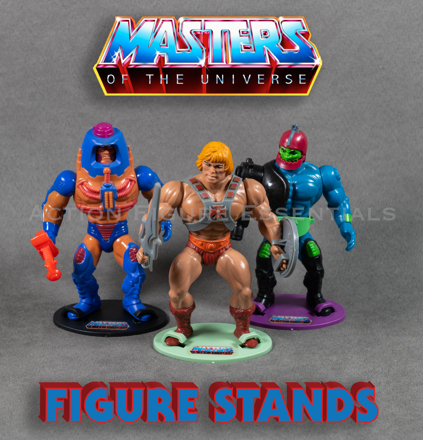 Vintage MOTU Action Figure Stands with Logo Sticker