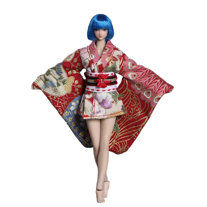 Doll in a traditional kimono with floral patterns on a gray background, branded