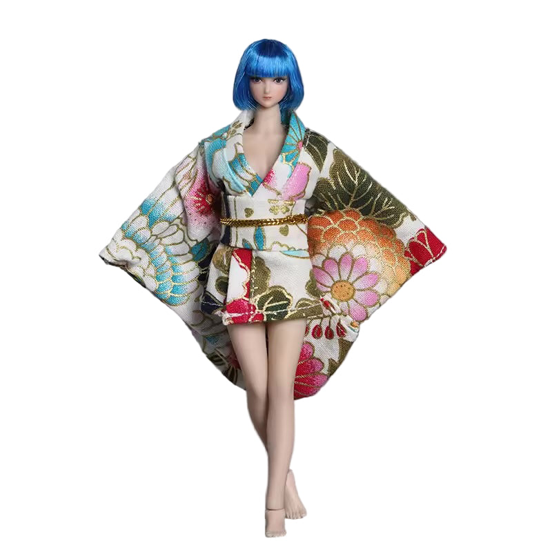 Doll in a colorful kimono with floral patterns on a gray background, branded