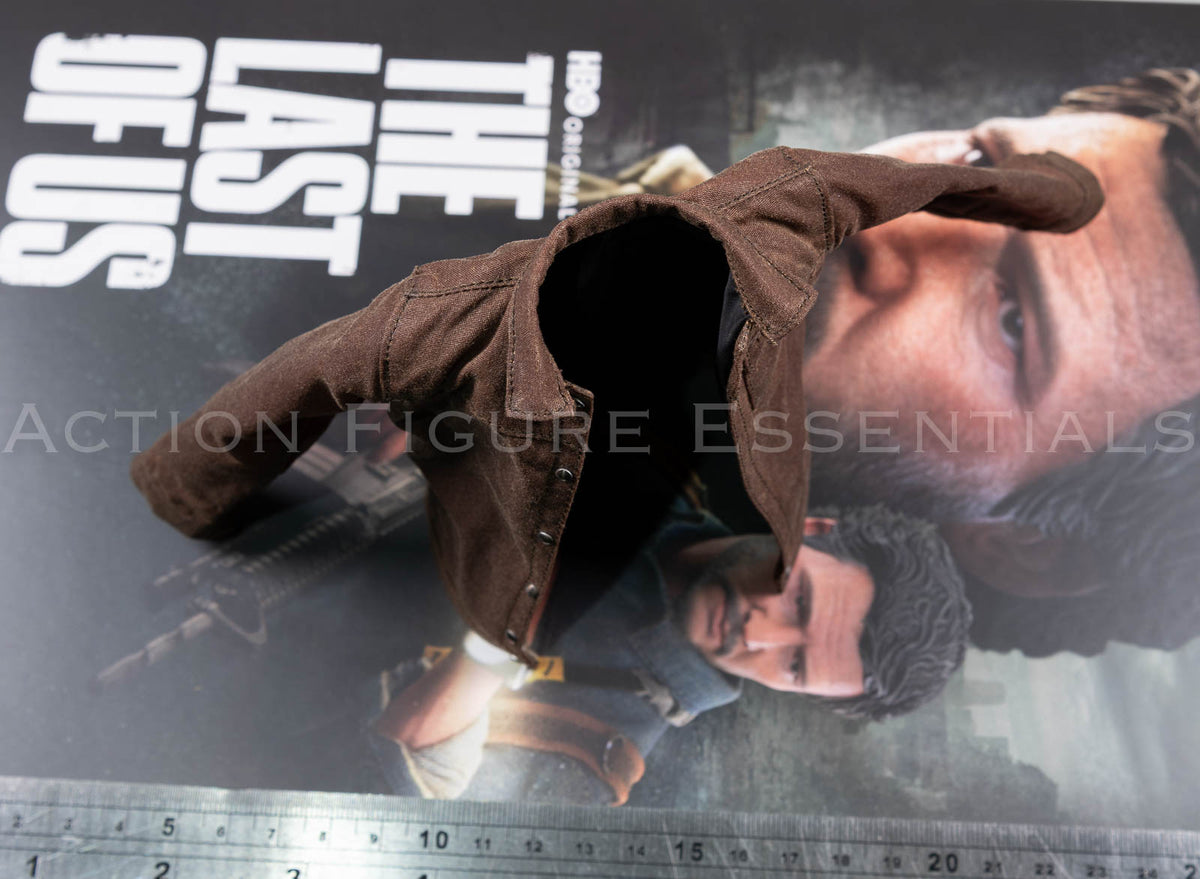 Hot Toys Joel Miller brown waxed jacket in 1/6 scale, showing front pockets, button details and weathered fabric