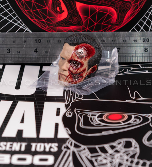 Present Toys T-800 heavily battle damaged head, original collectible sixth scale component, angle 40