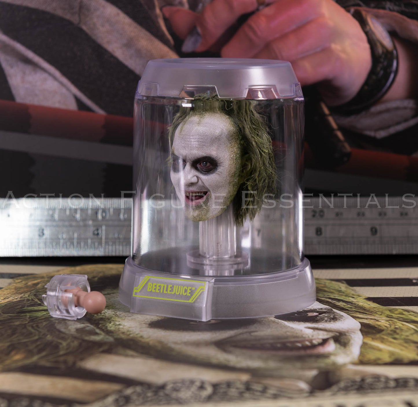 Hot Toys Beetlejuice MMS767 Rolling Eyeballs Head Sculpt with Display Case Neck Peg Genuine 1/6 Scale