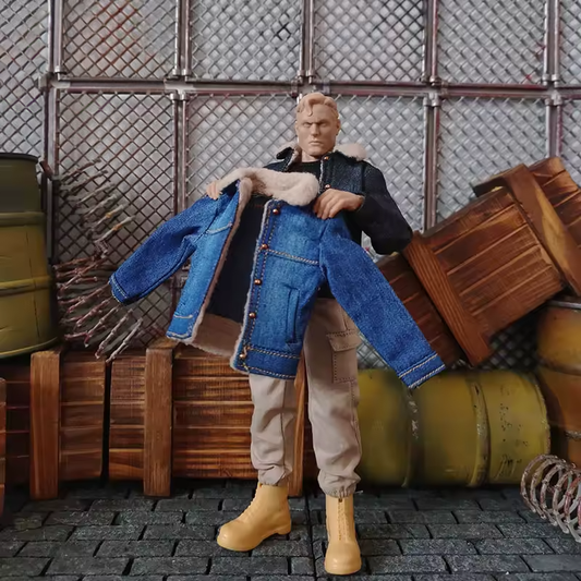 1/12 Scale Male Clothing Set – Blue or Black Denim Jacket, Black Vest, and Beige Combat Pants for 6” Action Figures