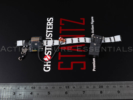 Blitzway Ghostbusters Dr Raymond Stantz 2.0 white utility belt and equipment set with black handheld radio in 1/6 scale