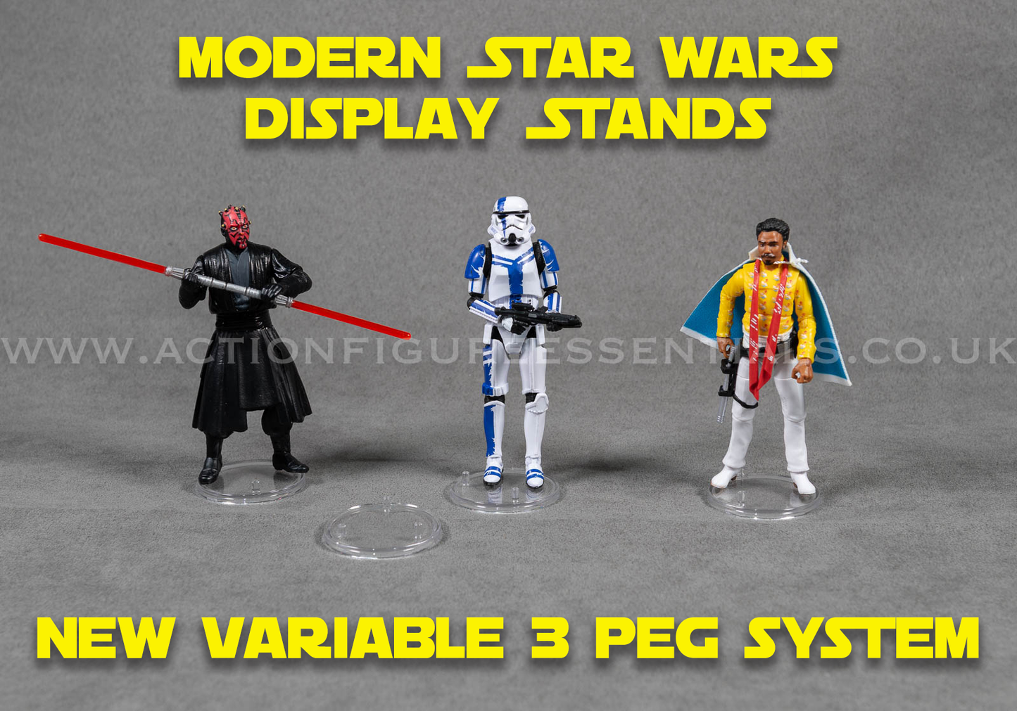 Modern Star Wars Action Figure Display Stands - New 3 Peg Variable System - TVC
