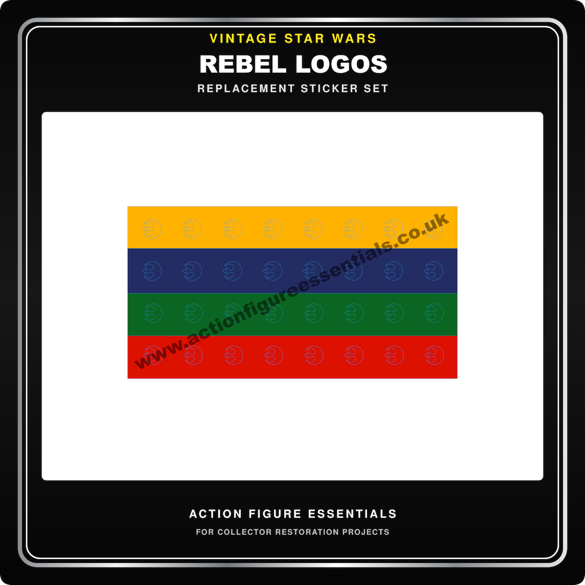 Sheet of 32 pre-cut 9mm vintage Star Wars Rebel logo stickers in four colours

