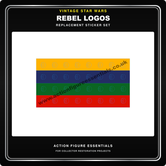 Sheet of 32 pre-cut 9mm vintage Star Wars Rebel logo stickers in four colours
