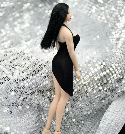 1/12th Scale Female Action Figure Ice Silk Dress w Bangles - Black / White