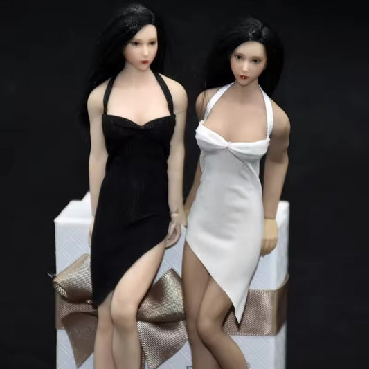 1/12th Scale Female Action Figure Ice Silk Dress w Bangles - Black / White