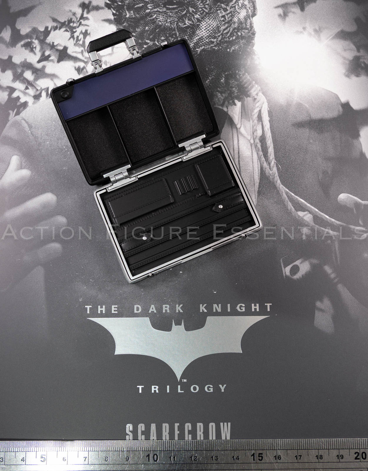 Original Hot Toys Scarecrow 2.0 open briefcase showing detailed interior compartments and organiser panels