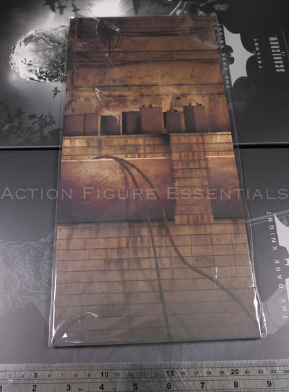 Hot Toys Scarecrow 2.0 MMS801 city sewer diorama display set with weathered brick wall, pipes, rubble, display base and printed backdrop
