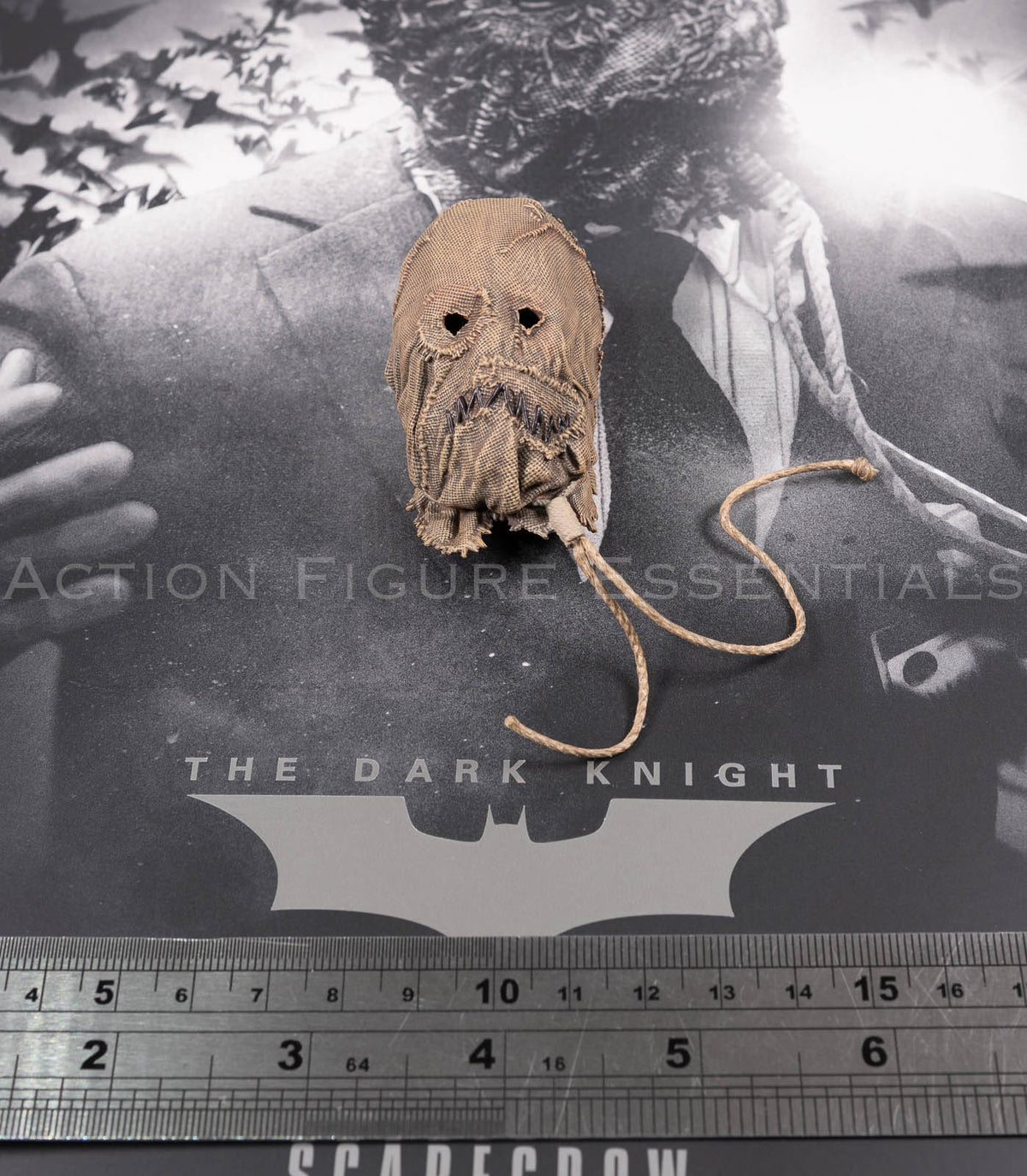 Hot Toys Scarecrow 2.0 MMS801 non-wearable burlap mask display accessory with distressed fabric, stitched mouth and tie cords for 1/6 scale