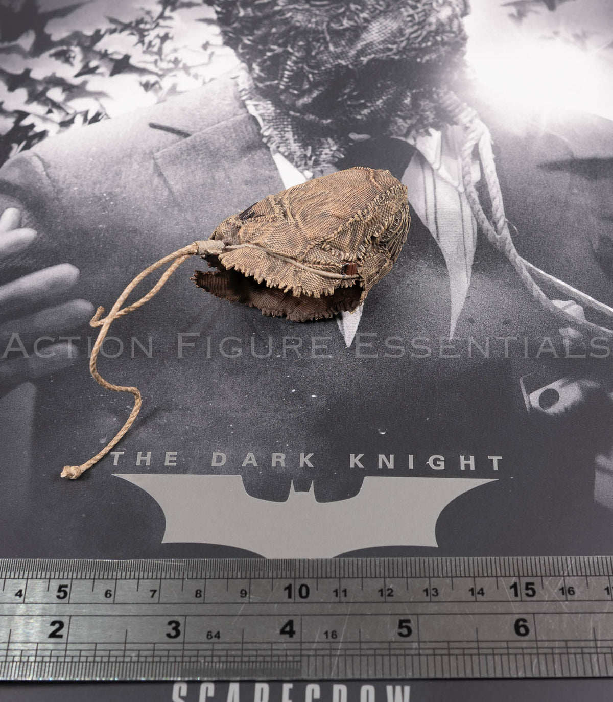 Hot Toys Scarecrow 2.0 MMS801 non-wearable burlap mask display accessory with distressed fabric, stitched mouth and tie cords for 1/6 scale