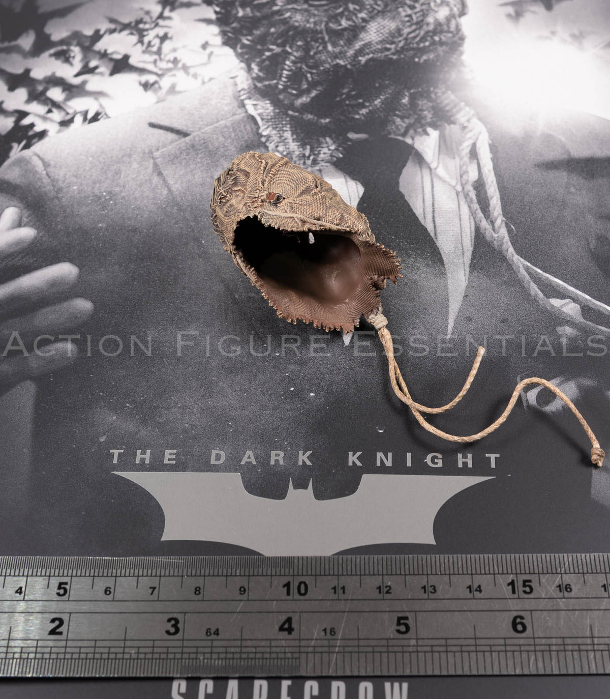 Hot Toys Scarecrow 2.0 MMS801 non-wearable burlap mask display accessory with distressed fabric, stitched mouth and tie cords for 1/6 scale