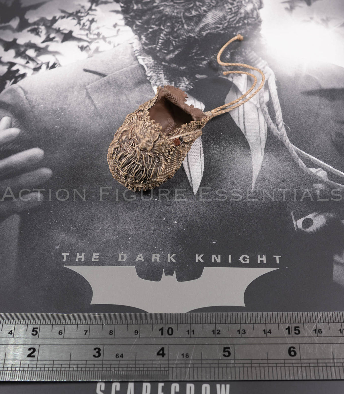 Hot Toys Scarecrow 2.0 MMS801 non-wearable burlap mask display accessory with distressed fabric, stitched mouth and tie cords for 1/6 scale