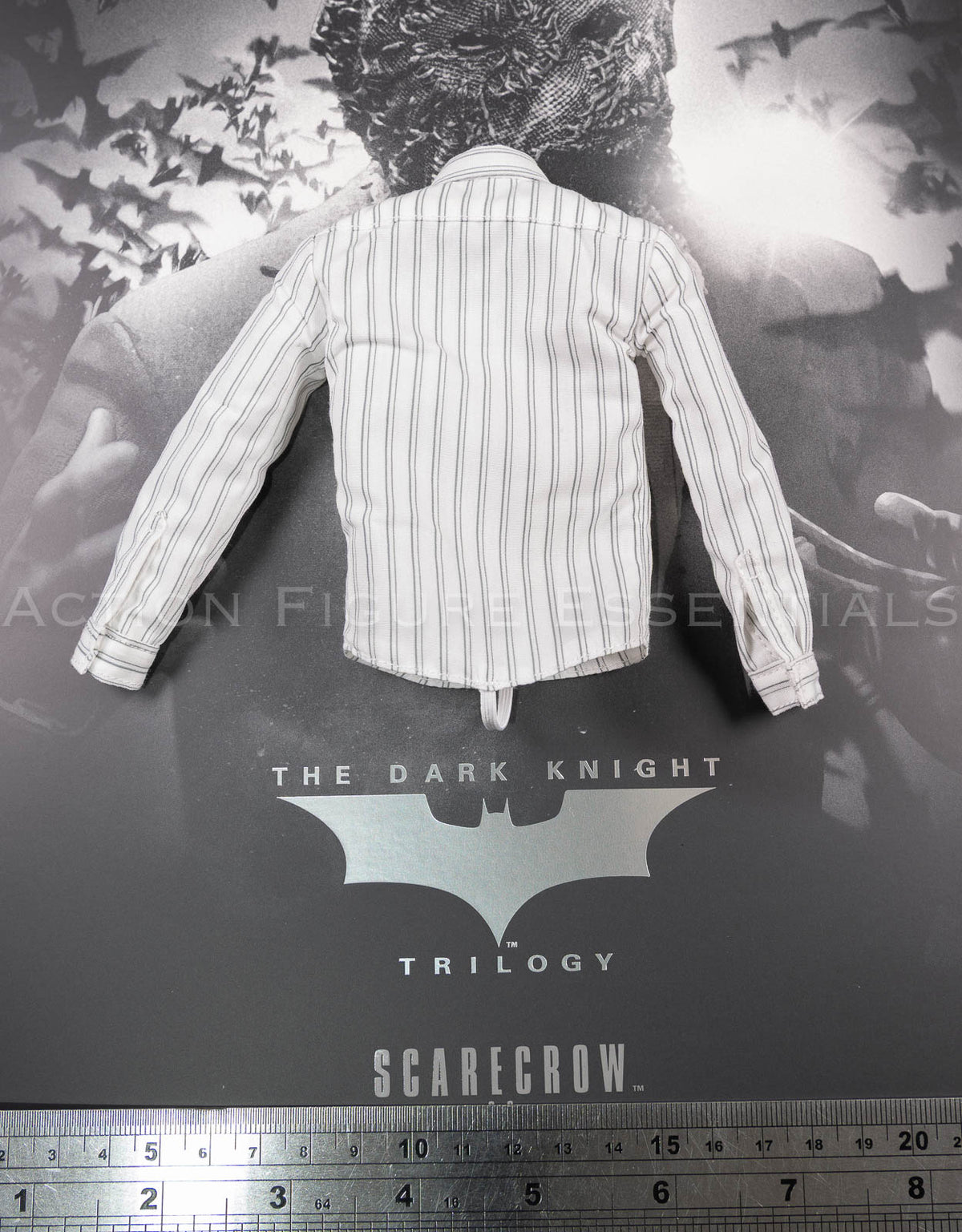 Original Hot Toys MMS801 Jonathan Crane white striped long-sleeved shirt with dark navy magnetic tie from The Dark Knight Trilogy