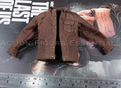 Hot Toys Joel Miller brown waxed jacket in 1/6 scale, showing front pockets, button details and weathered fabric