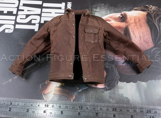 Hot Toys Joel Miller brown waxed jacket in 1/6 scale, showing front pockets, button details and weathered fabric