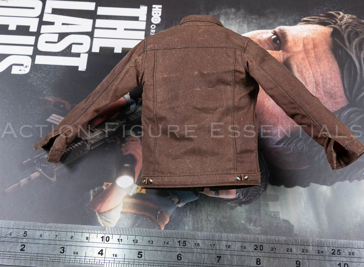 Rear view of Hot Toys Joel Miller brown waxed jacket in 1/6 scale, showing tailored panels and detailed stitching