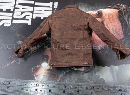 Rear view of Hot Toys Joel Miller brown waxed jacket in 1/6 scale, showing tailored panels and detailed stitching