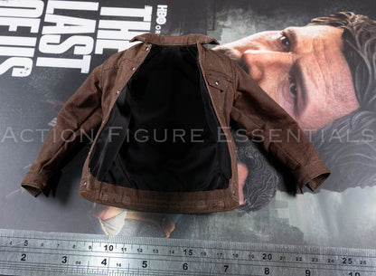 Hot Toys Joel Miller brown waxed jacket in 1/6 scale, showing front pockets, button details and weathered fabric