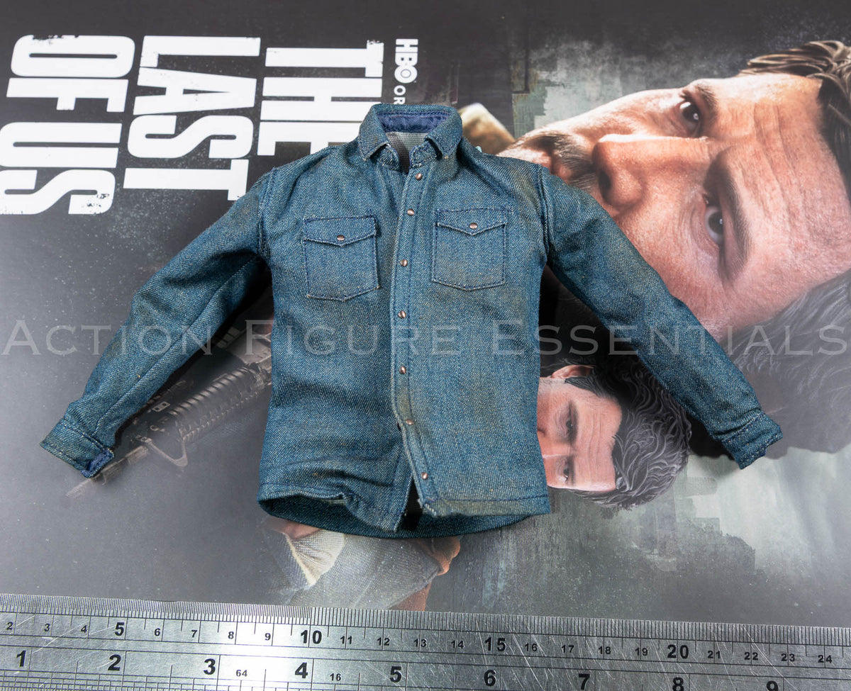 Hot Toys Joel Miller blue denim shirt in 1/6 scale, showing twin chest pockets, miniature button details and weathered fabric