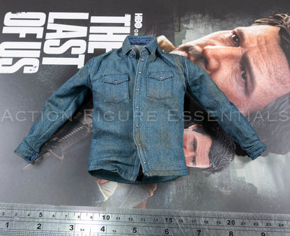 Hot Toys Joel Miller blue denim shirt in 1/6 scale, showing twin chest pockets, miniature button details and weathered fabric