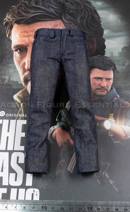 Hot Toys Joel Miller dark blue jeans in 1/6 scale, showing belt loops, front pocket detailing, stitched hems and subtle weathering