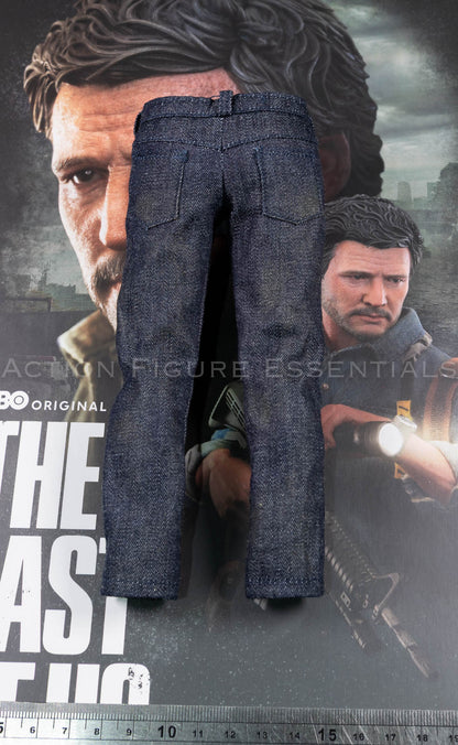 Hot Toys Joel Miller dark blue jeans in 1/6 scale, showing belt loops, rear pocket detailing, stitched hems and subtle weathering