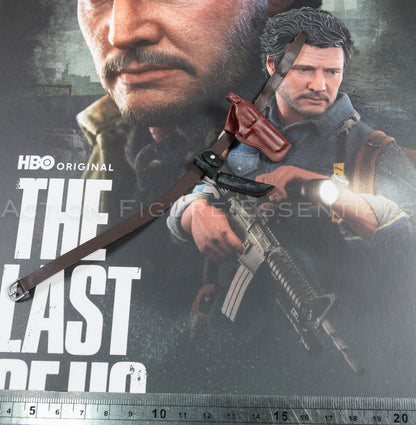 Hot Toys Joel Miller 1/6 scale dark brown belt with silver-coloured buckle, brown pistol holster and black knife sheath