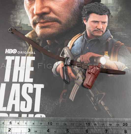 Hot Toys Joel Miller 1/6 scale dark brown belt with silver-coloured buckle, brown pistol holster and black knife sheath