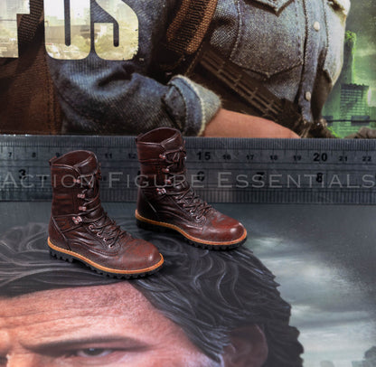 Hot Toys Joel Miller brown boots in 1/6 scale, showing sculpted laces, detailed stitching and weathered leather-effect paintwork