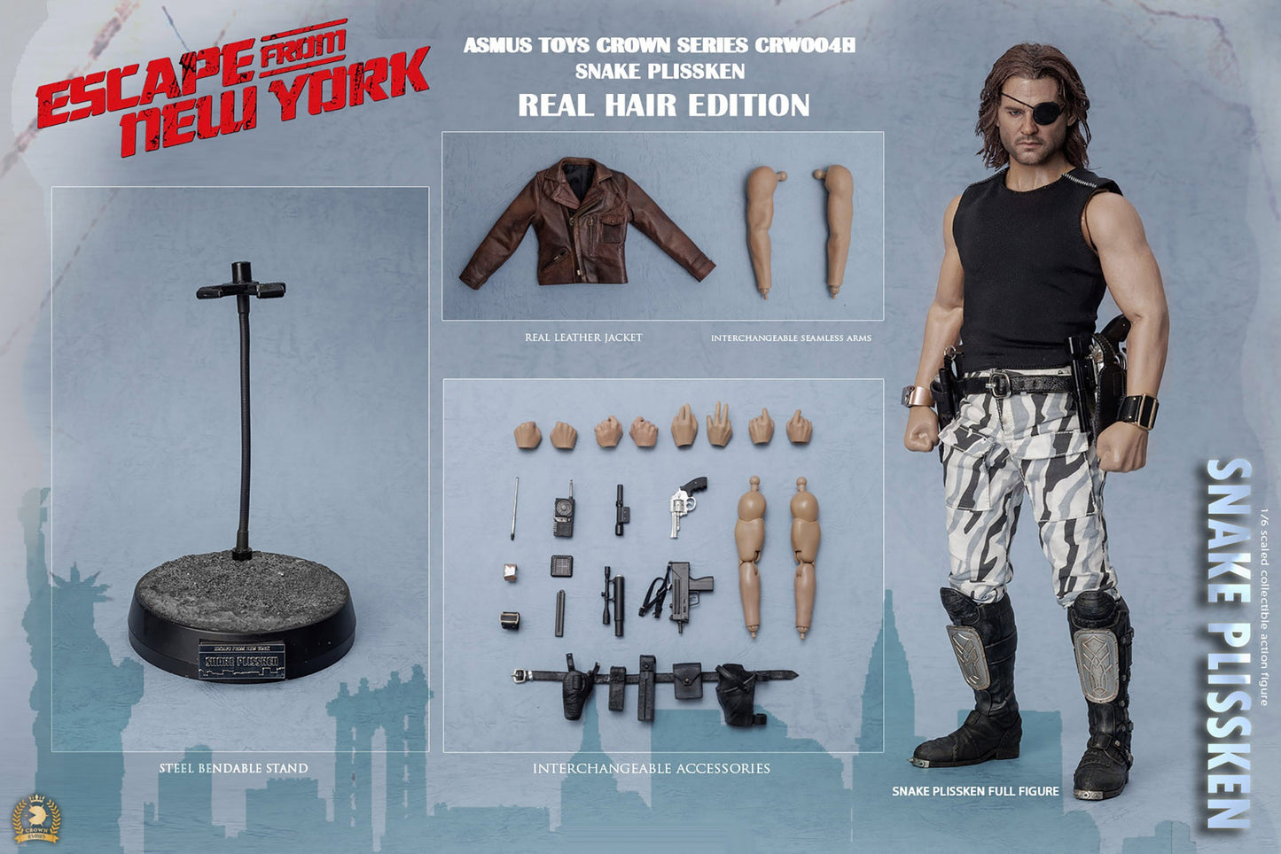 Snake Plissken - Real Hair Version - Escape From New York - Kurt Russell - 1:6 Scale Crown Series - Asmus
