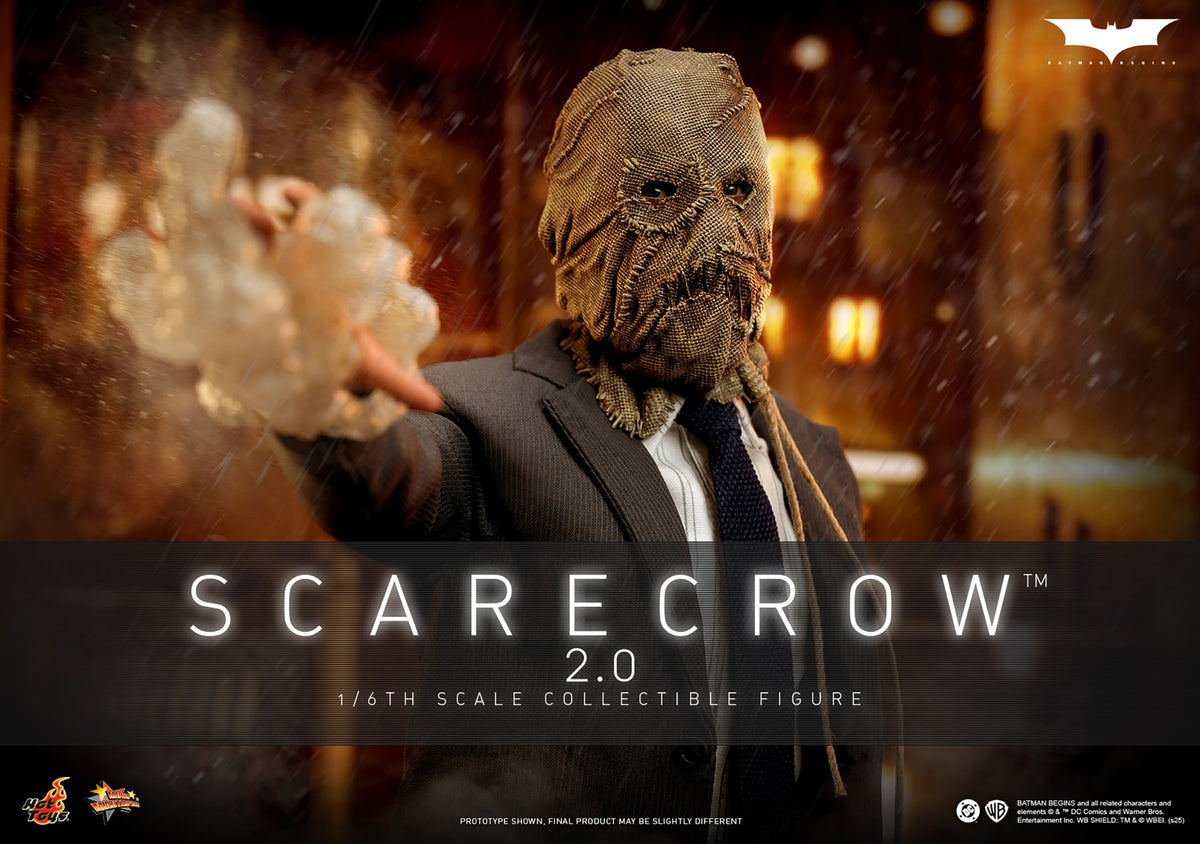 Hot Toys MMS801 Scarecrow 2.0 1/6 Batman Begins figure with three head sculpts and factory-sealed manufacturer shipper