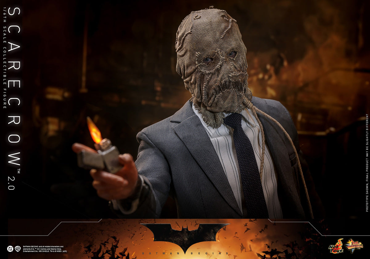 Hot Toys MMS801 Scarecrow 2.0 1/6 Batman Begins figure with three head sculpts and factory-sealed manufacturer shipper