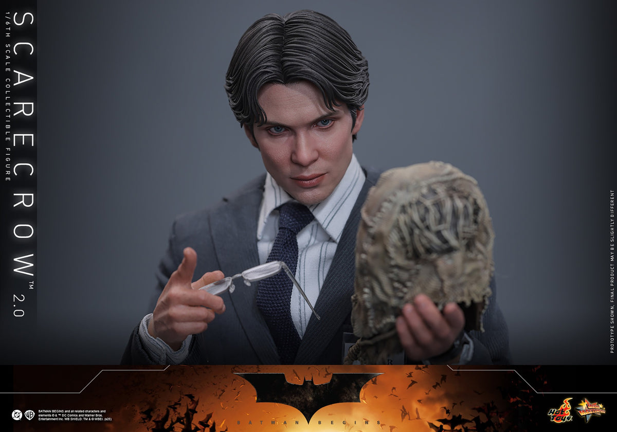 Hot Toys MMS801 Scarecrow 2.0 1/6 Batman Begins figure with three head sculpts and factory-sealed manufacturer shipper