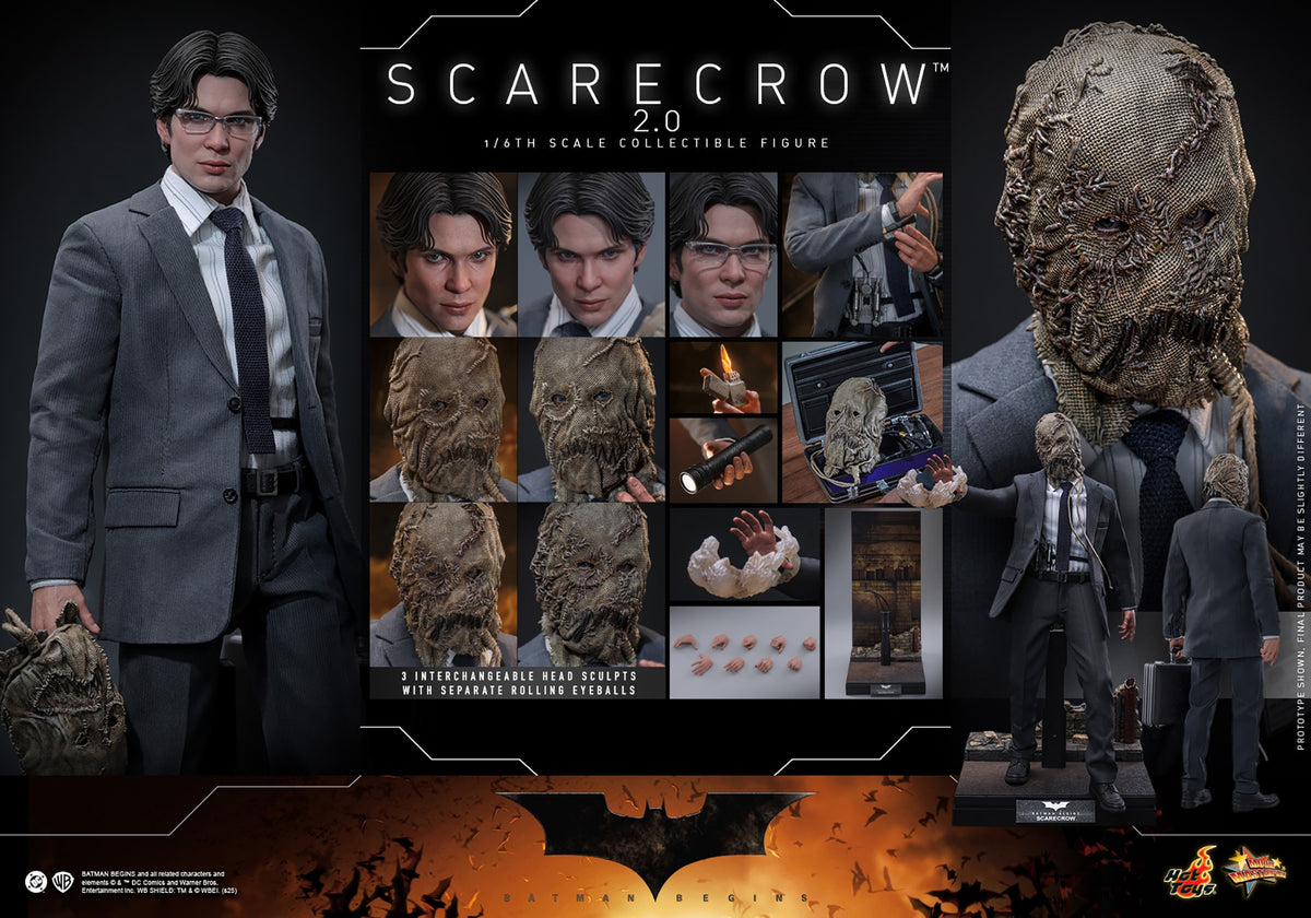Hot Toys MMS801 Scarecrow 2.0 1/6 Batman Begins figure with three head sculpts and factory-sealed manufacturer shipper
