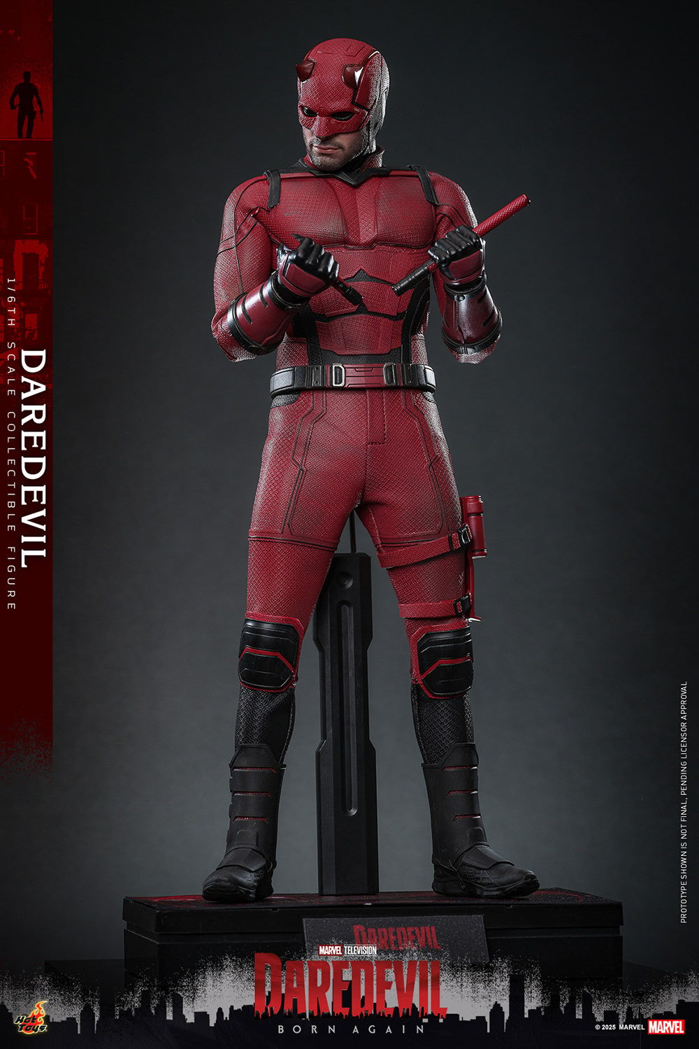 Statue of Daredevil in red and black suit on a gray background