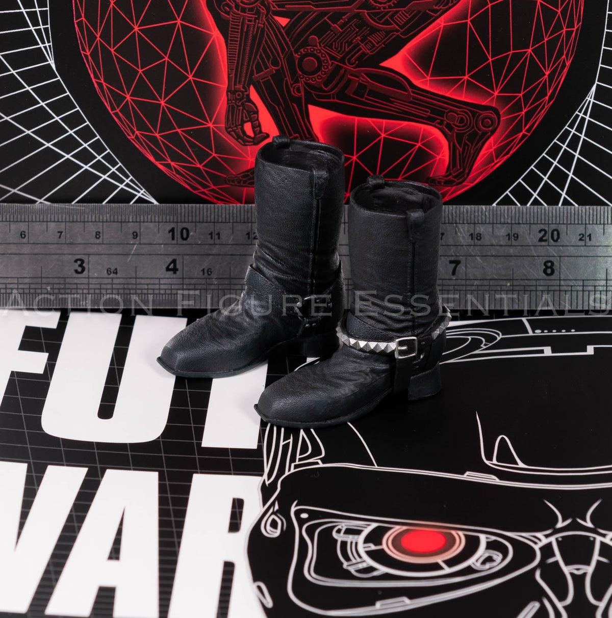 Present Toys T-800 black biker boots, original collectible sixth scale component, angle 26