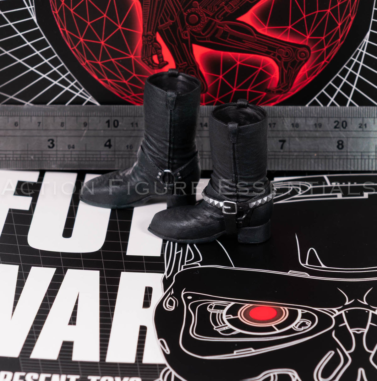 Present Toys T-800 black biker boots, original collectible sixth scale component, angle 27