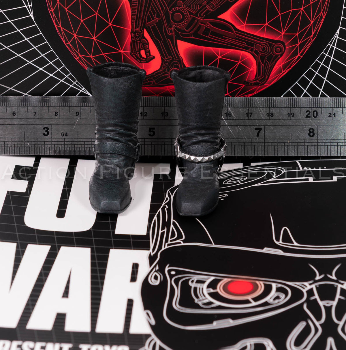 Present Toys T-800 black biker boots, original collectible sixth scale component, angle 31