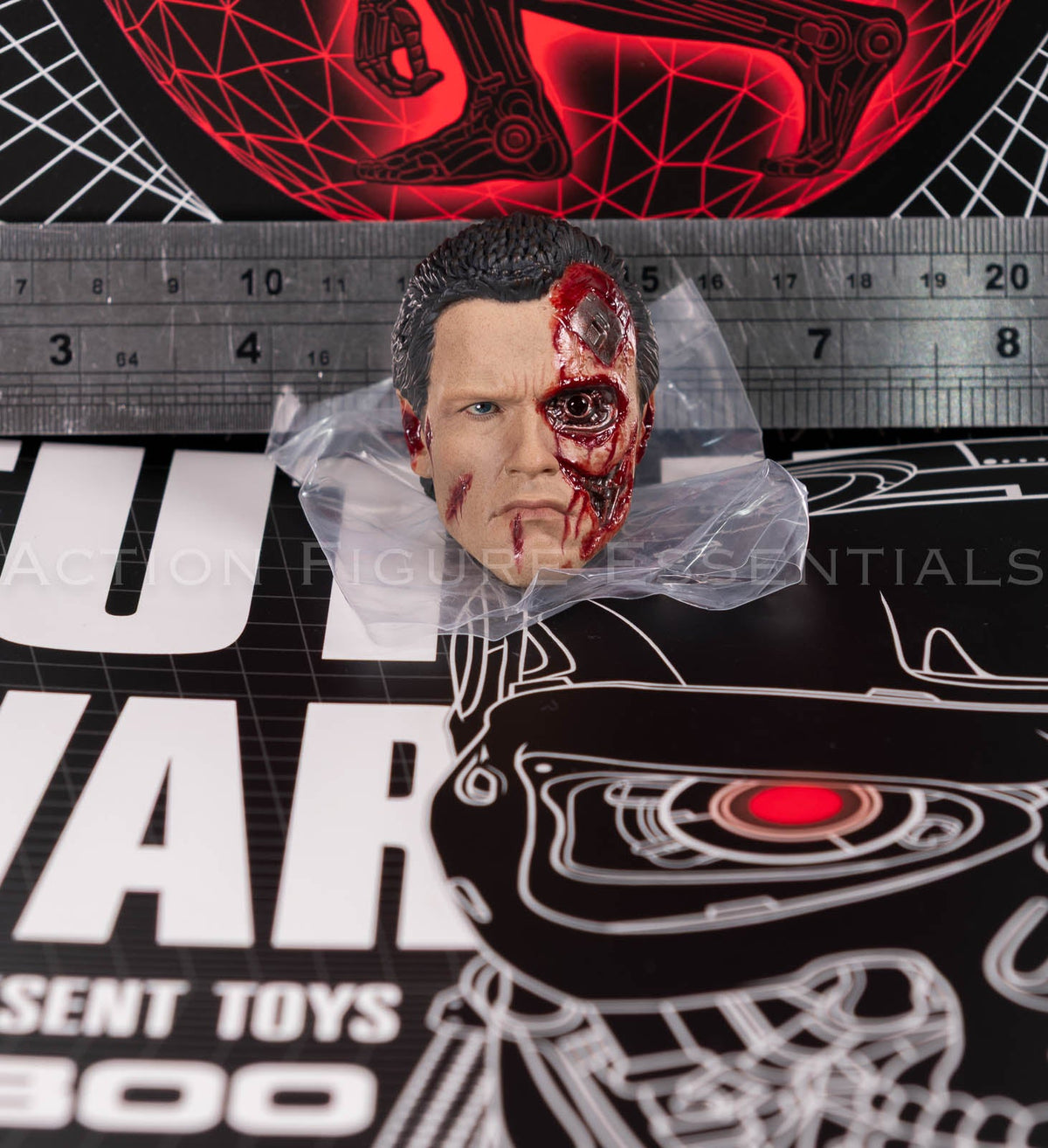 Present Toys T-800 heavily battle damaged head, original collectible sixth scale component, angle 39