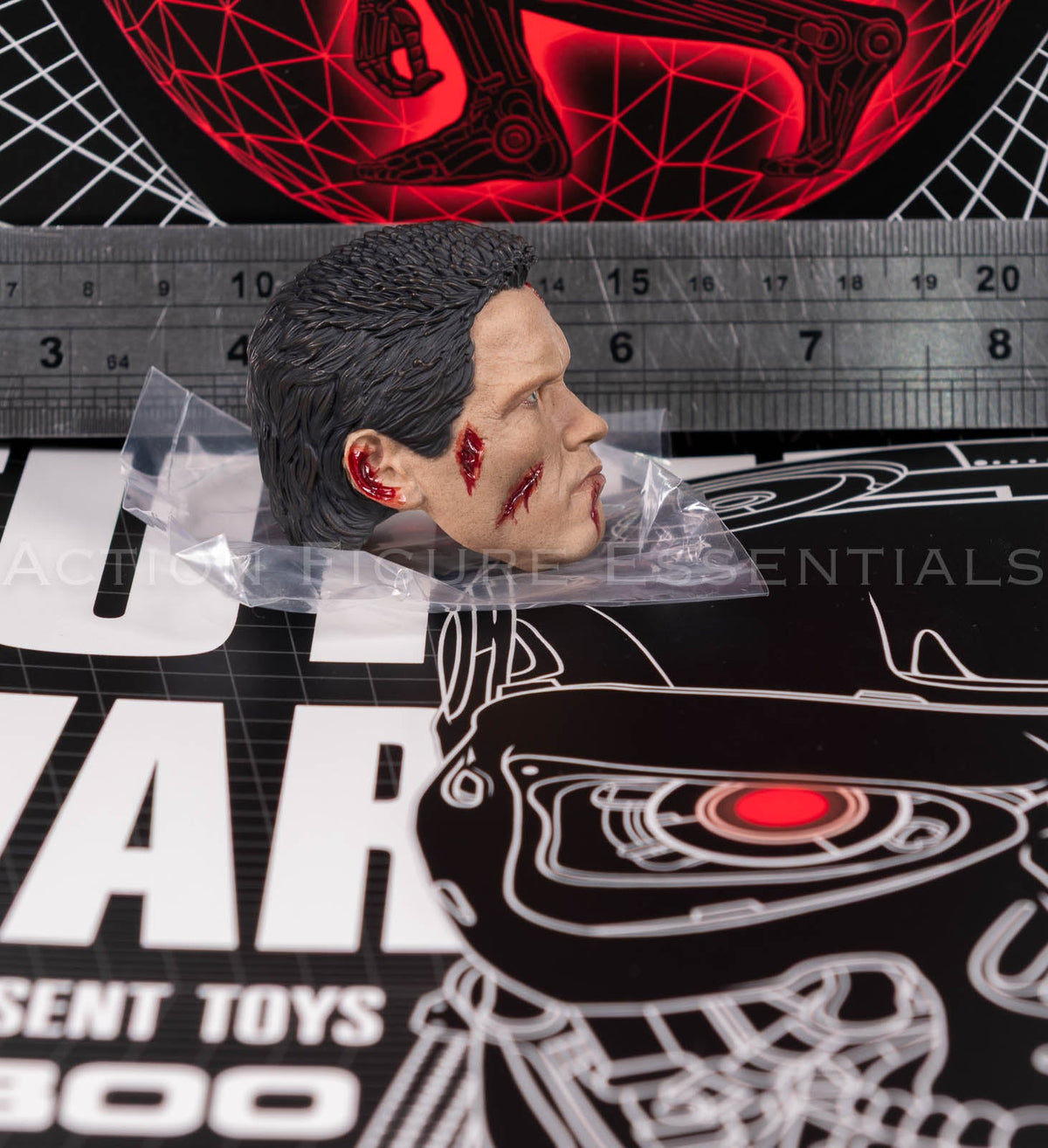 Present Toys T-800 heavily battle damaged head, original collectible sixth scale component, angle 43