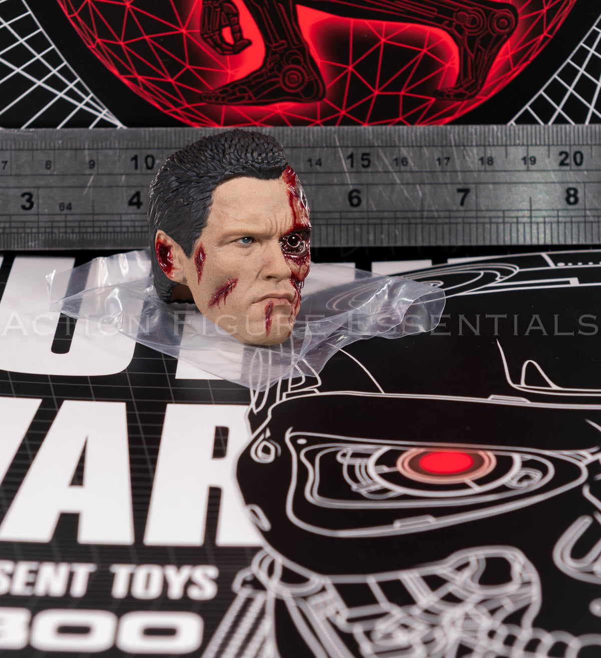 Present Toys T-800 heavily battle damaged head, original collectible sixth scale component, angle 44