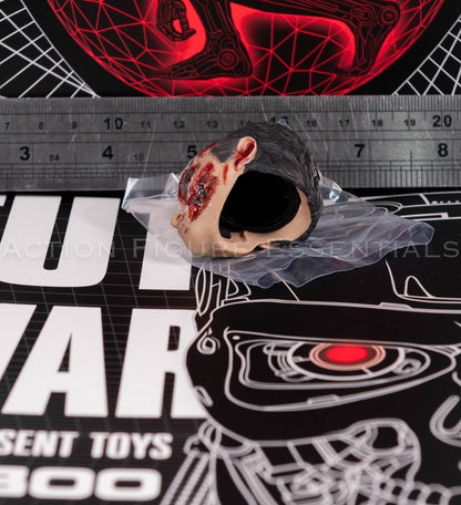 Present Toys T-800 heavily battle damaged head, original collectible sixth scale component, angle 45