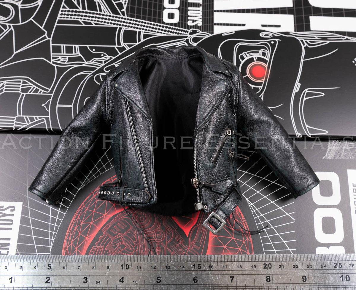Present Toys Future Warrior T-800 genuine leather biker jacket, front or angled view of original sixth scale part