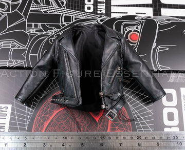 Present Toys Future Warrior T-800 genuine leather biker jacket, front or angled view of original sixth scale part